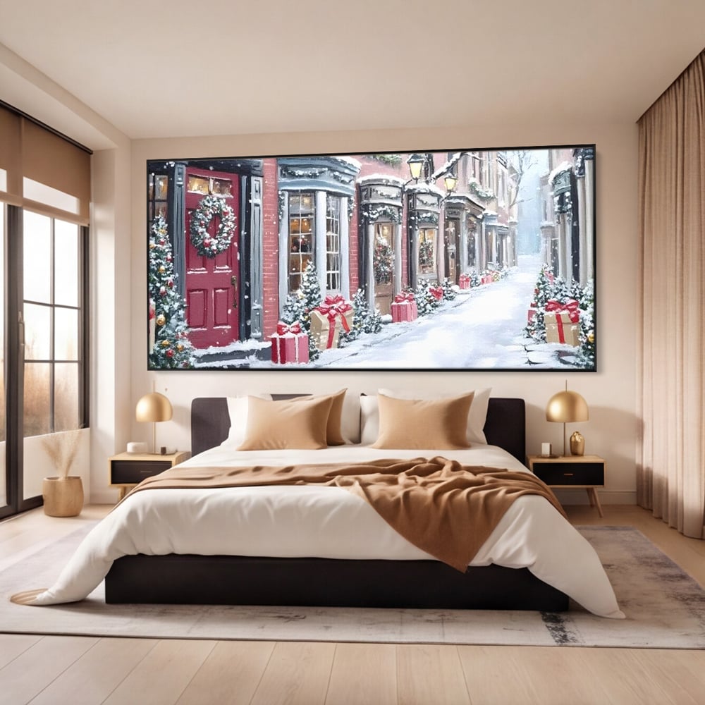 Tablou canvas cu tablou canvas cu strada urbana de iarna, in rama de aluminiu negru, pe perete intr-un dormitor